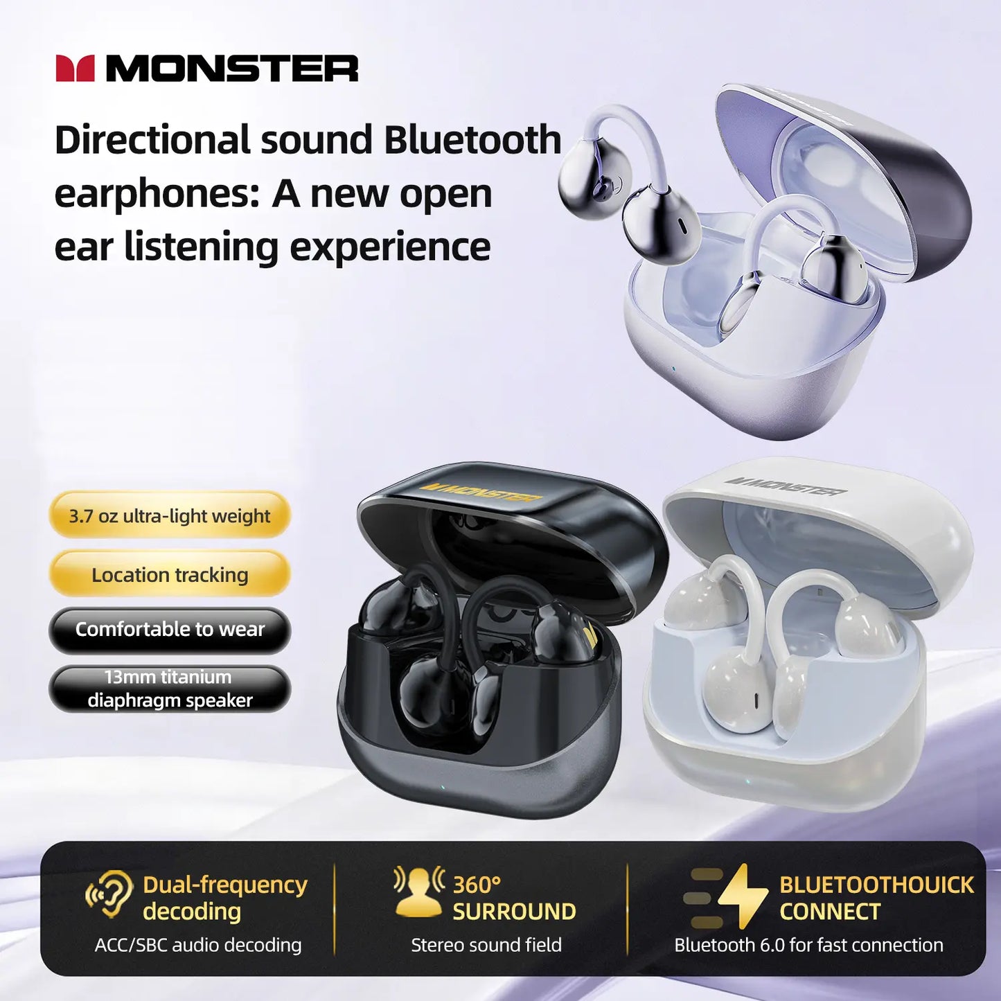Open Ear Clip On Wireless Earbuds with Bluetooth 6.0 ENC Calls & 100H Playtime